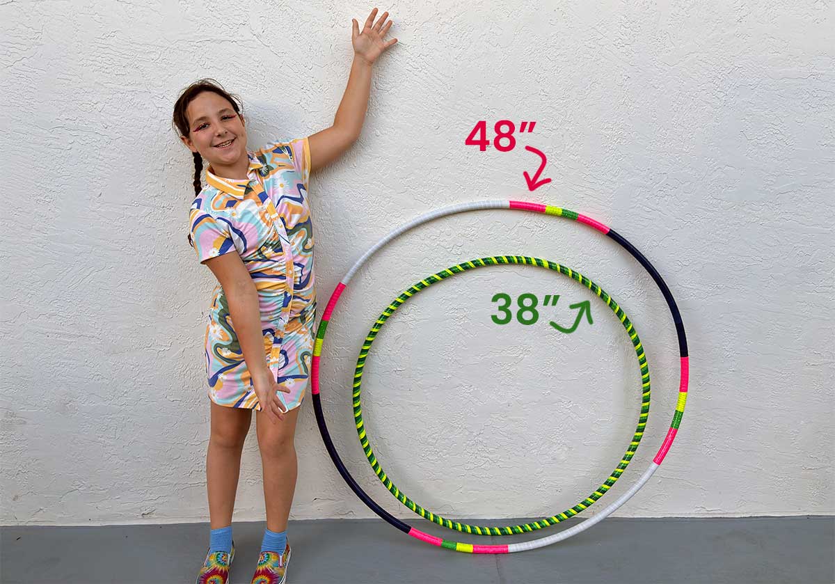 Two Hoop Sizes (38" & 48") Two hoop sizes shown next to a young person for perspective
